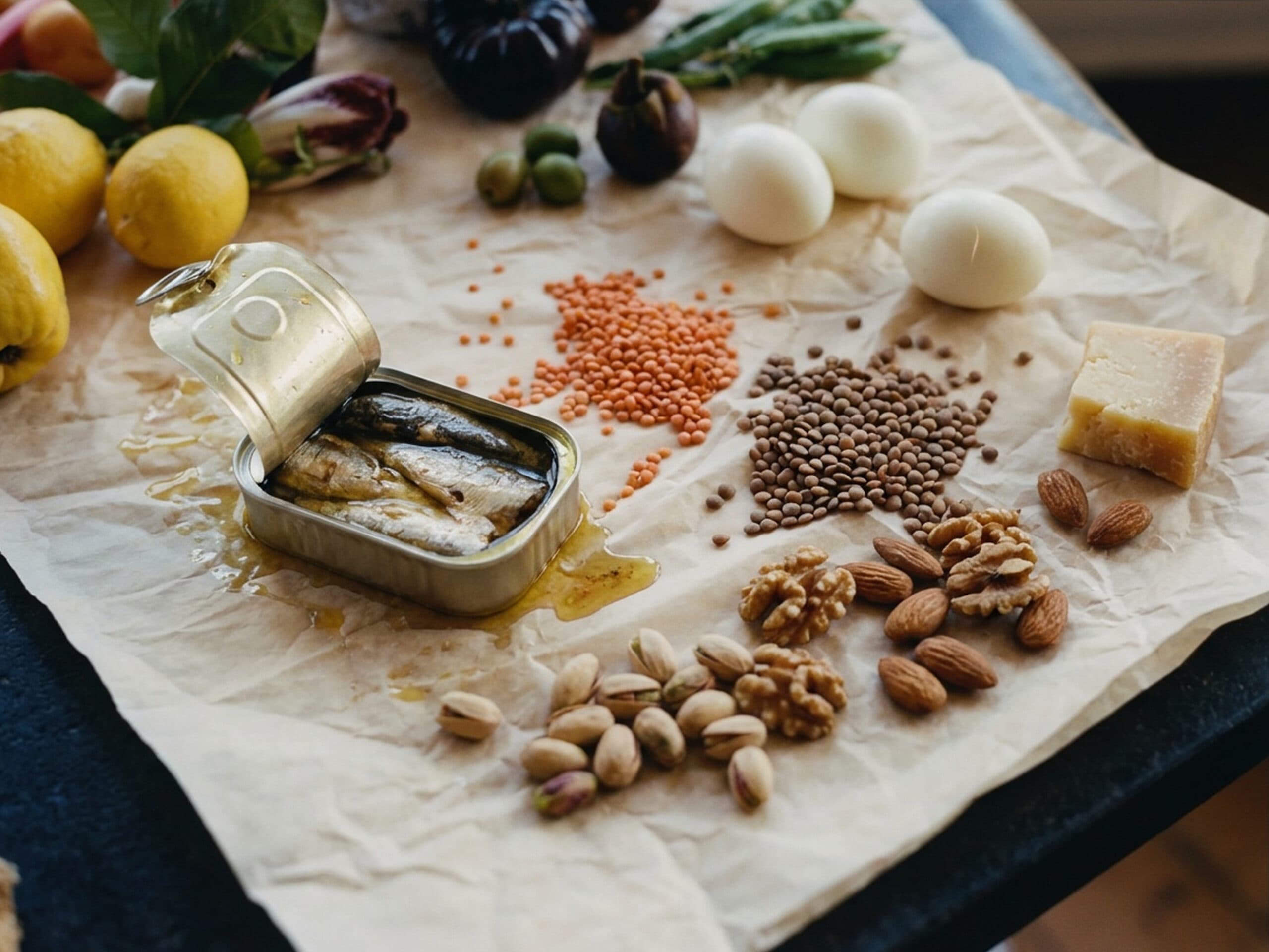 A tabletop filled with food